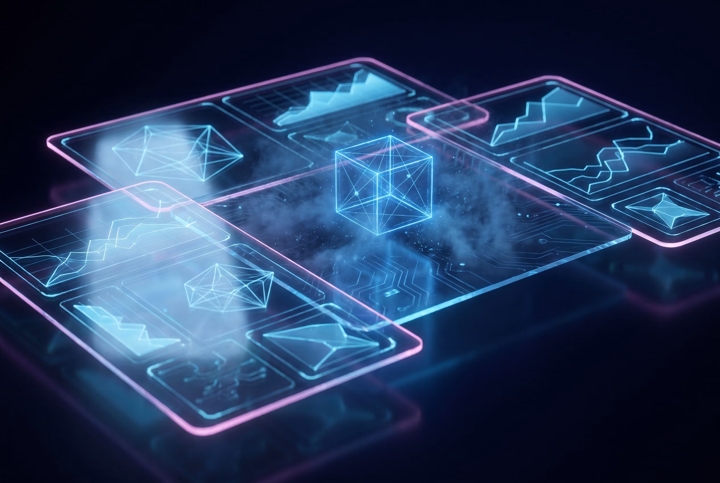 Floating app dashboard panels glowing in blue