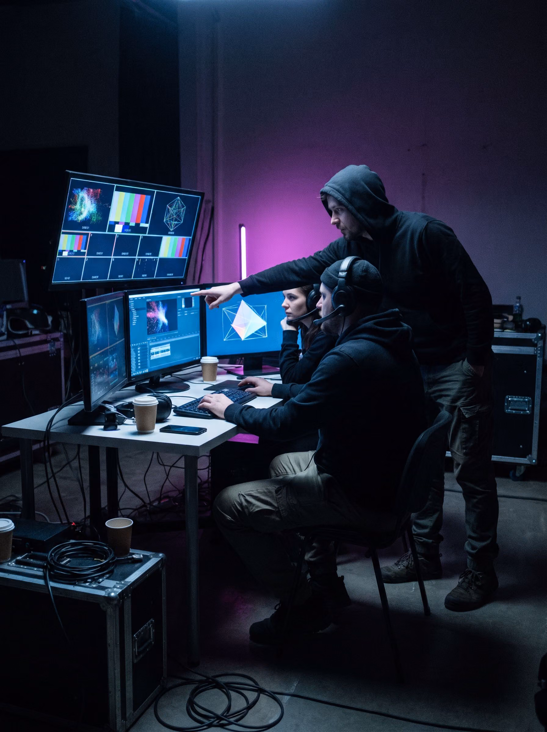 Pixl Events engineers working late in the studio