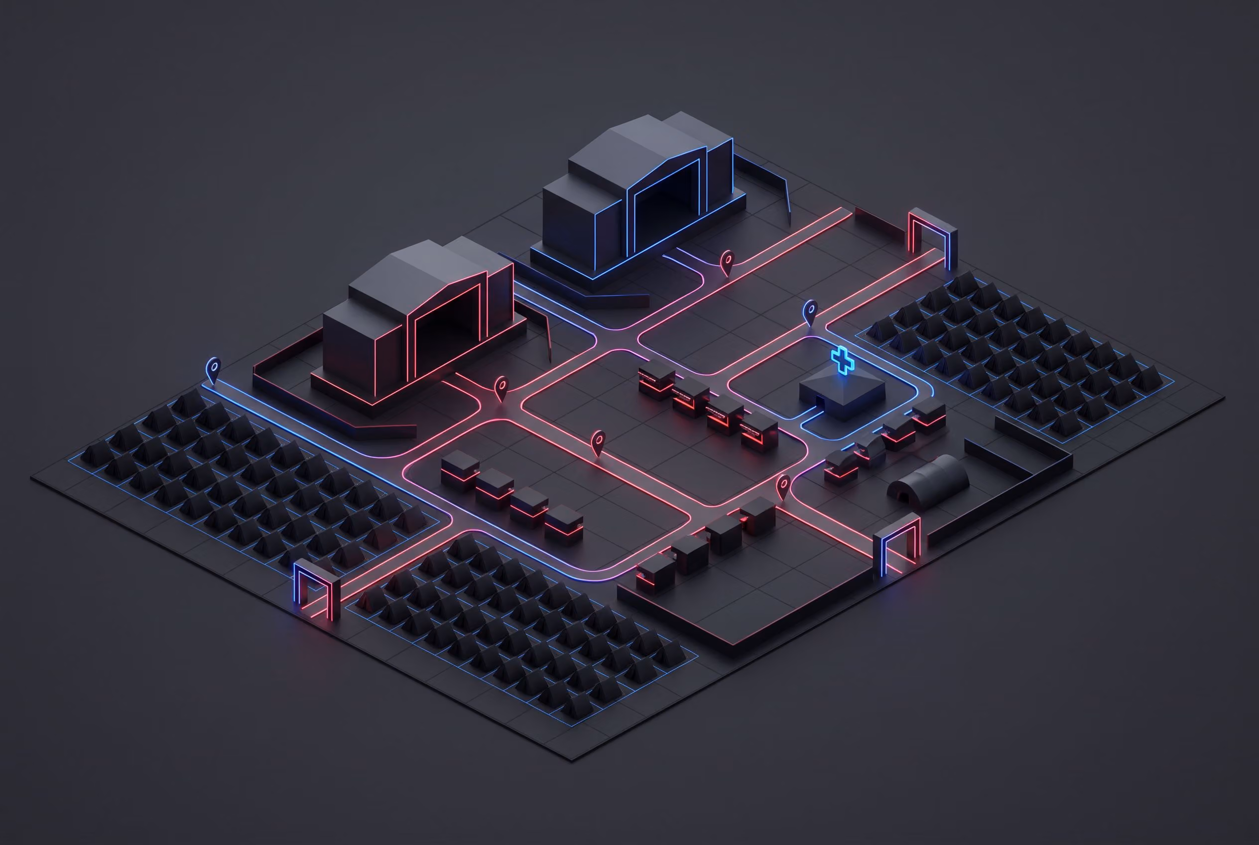 Isometric 3D render of festival grounds with stages and camping