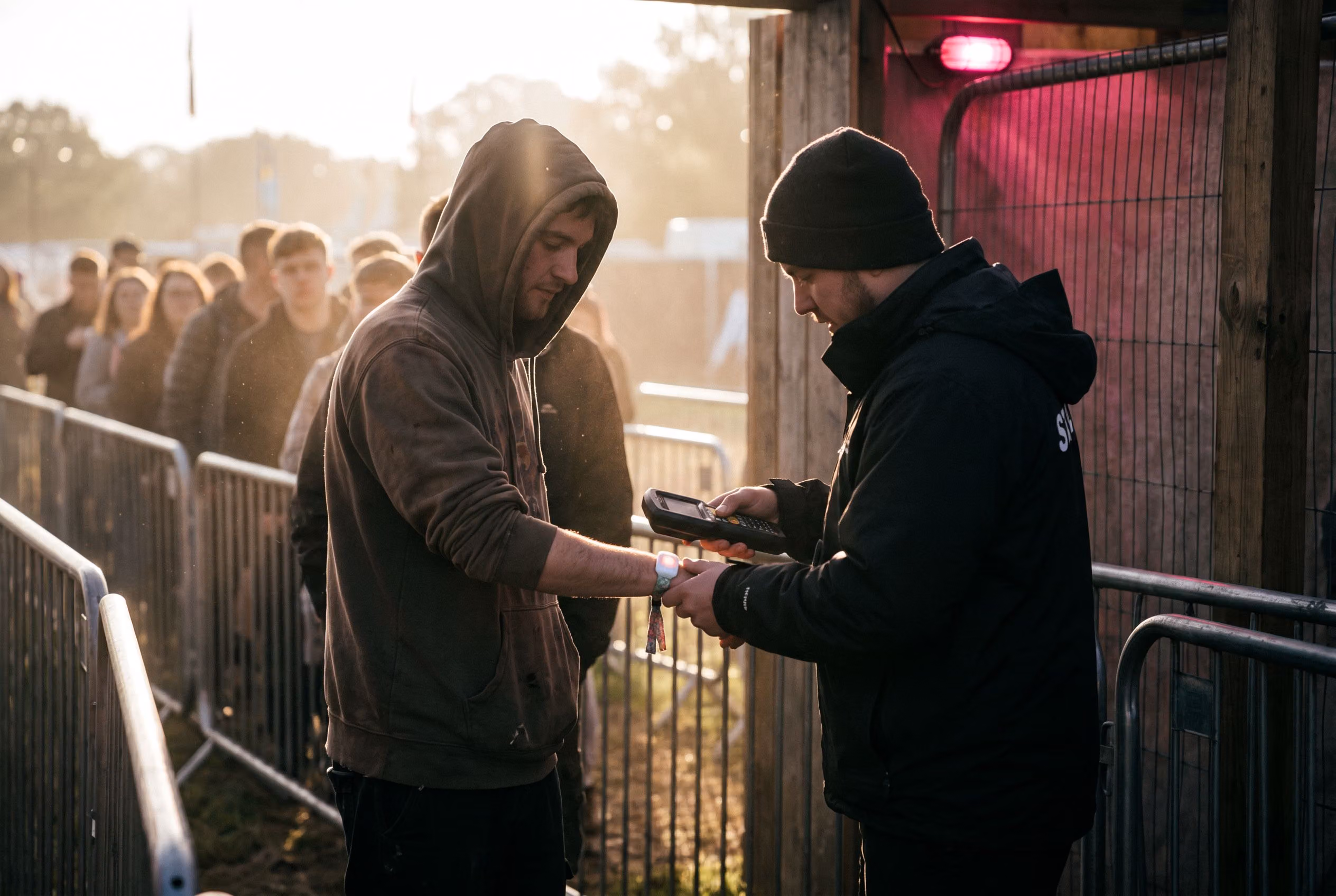 Wristband scanned at a festival gate in the morning