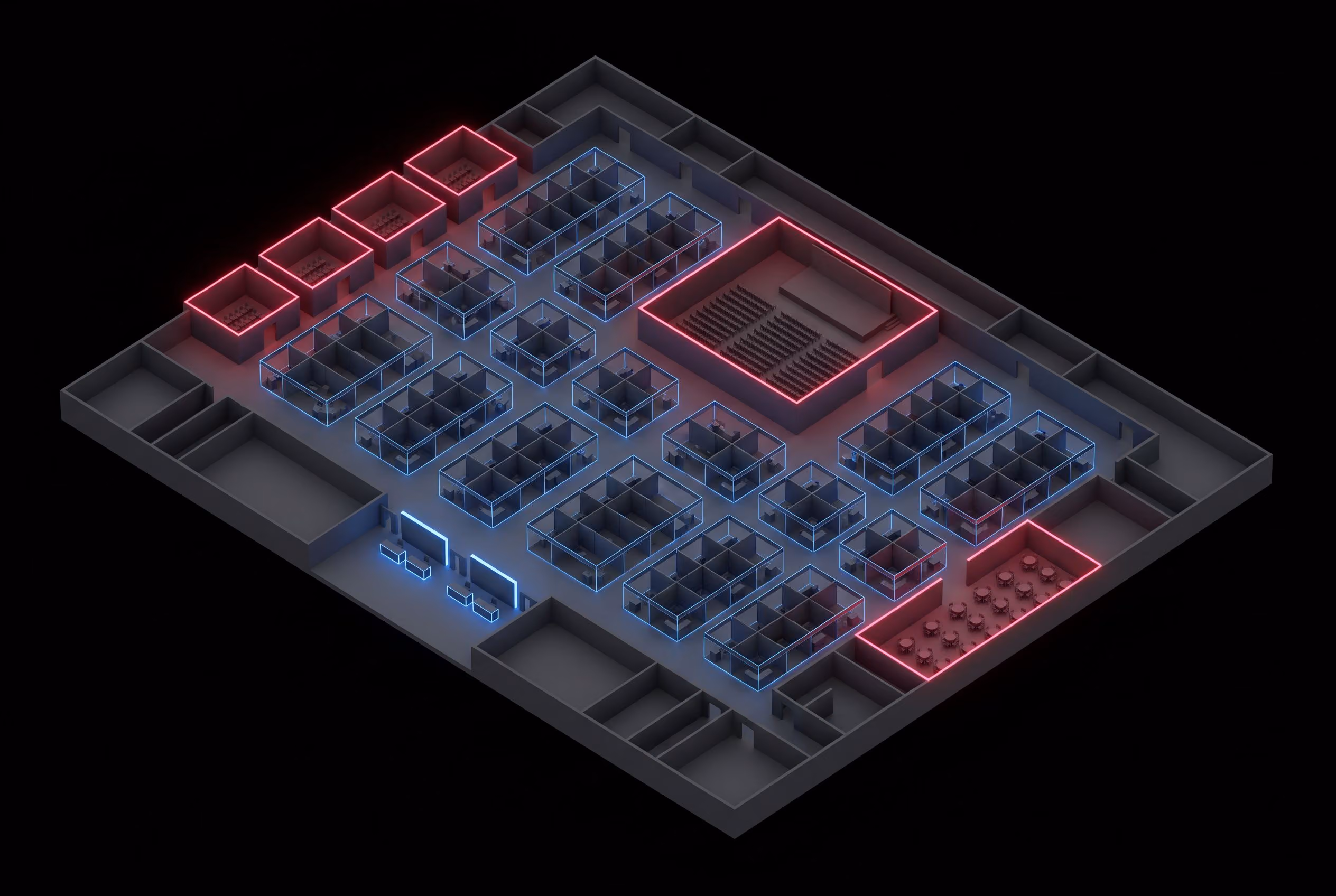 Isometric 3D render of a convention floor plan with booths and panel rooms