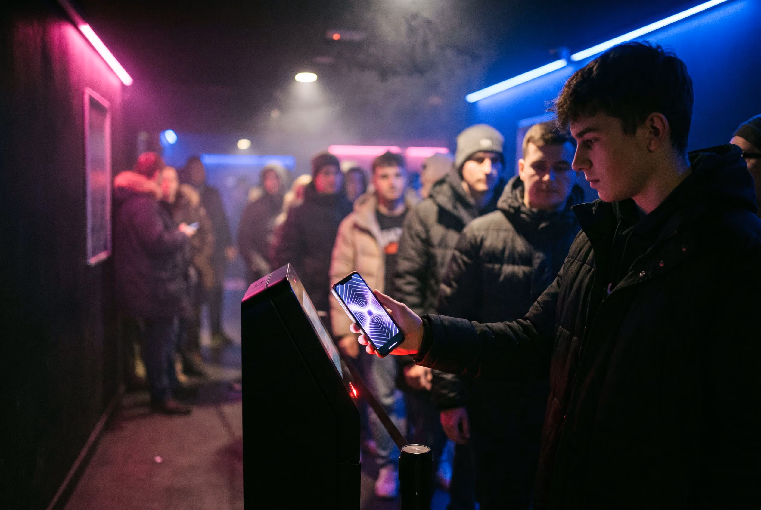 Fan scanning a phone at a club entrance kiosk