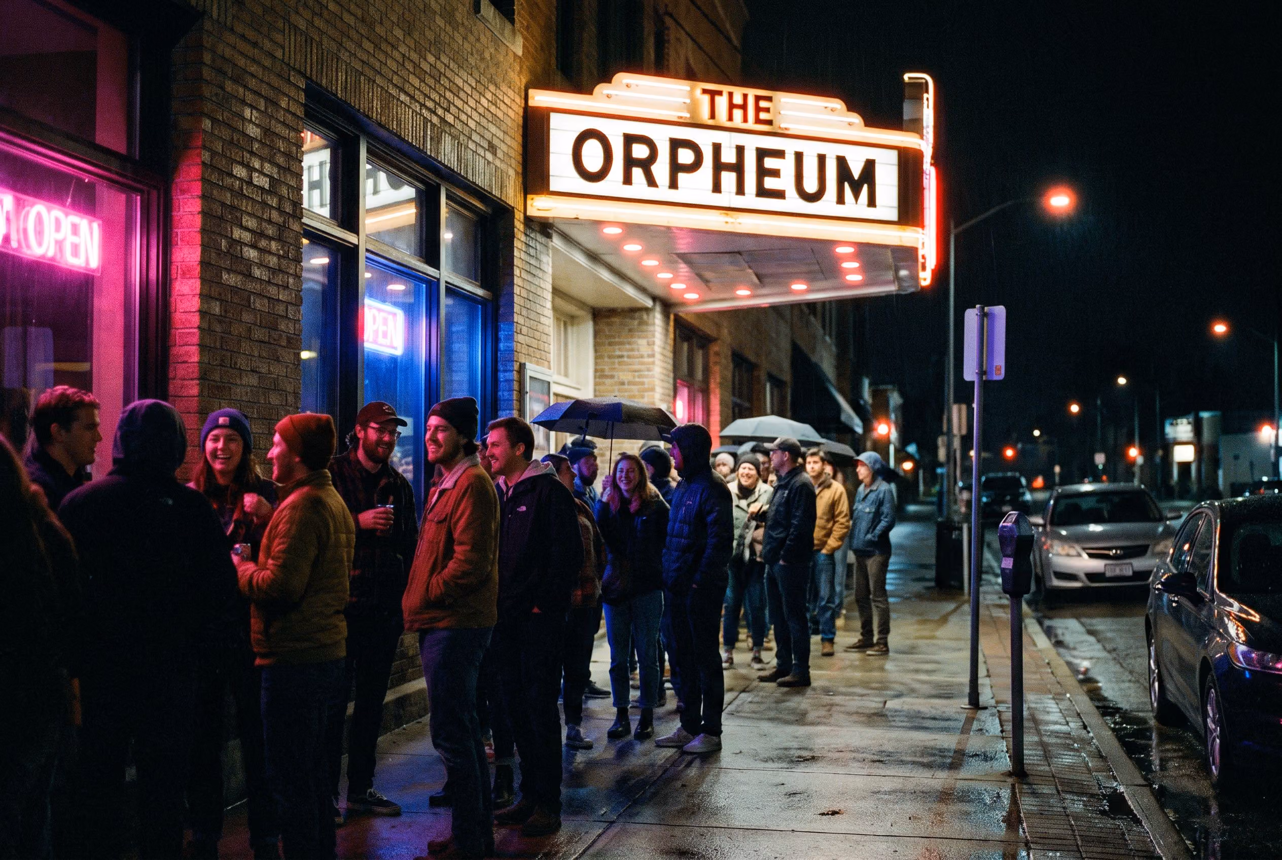 Concertgoers lining up under a lit venue marquee at night