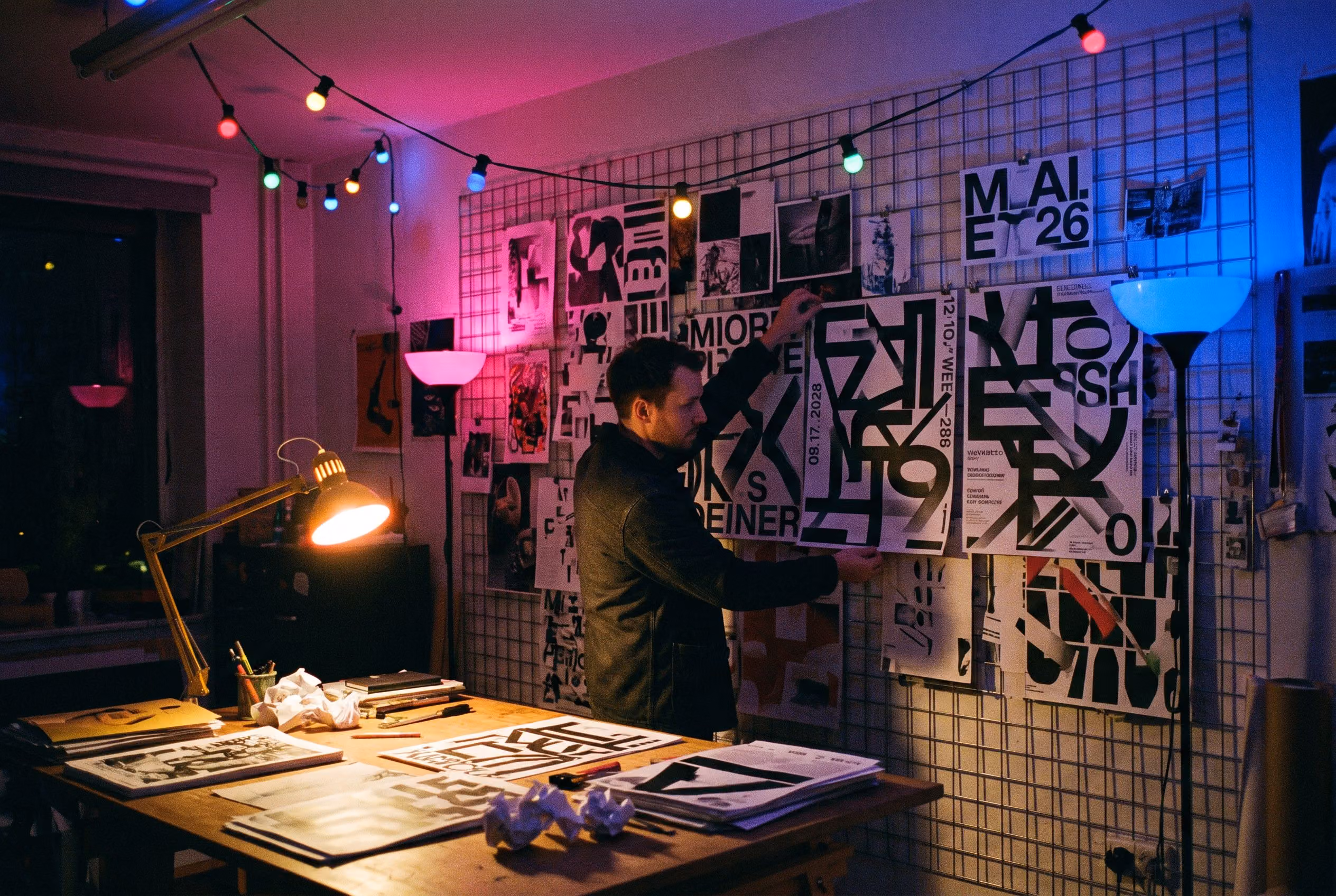 Designer pinning a season of show posters onto a studio wall