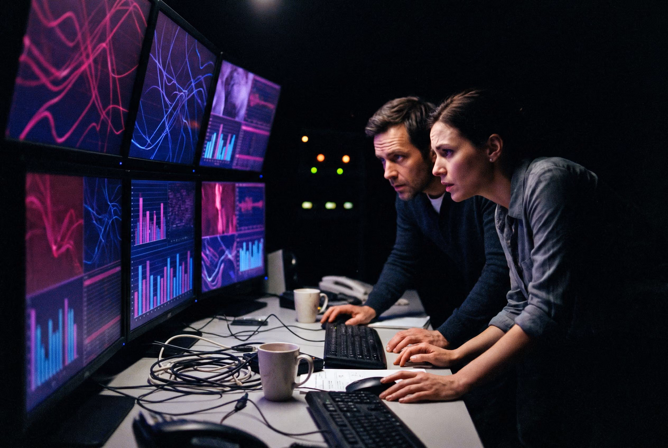 Operations team watching glowing monitors in a dark control room during an onsale