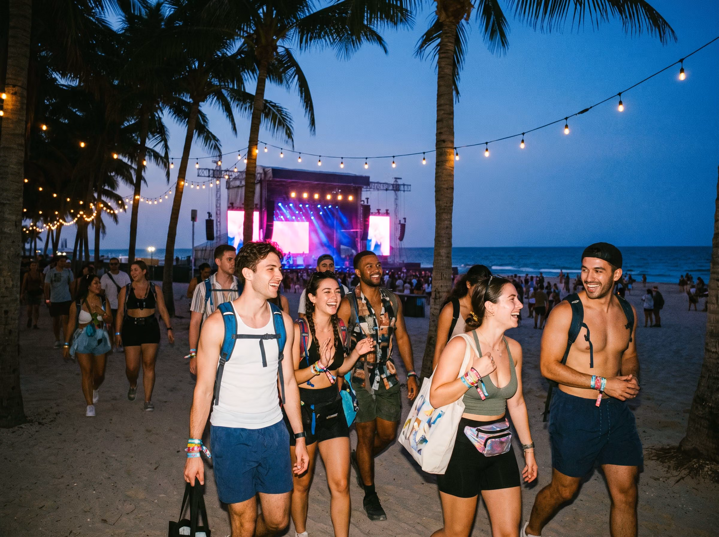 Festival goers walking toward a beach stage at blue hour