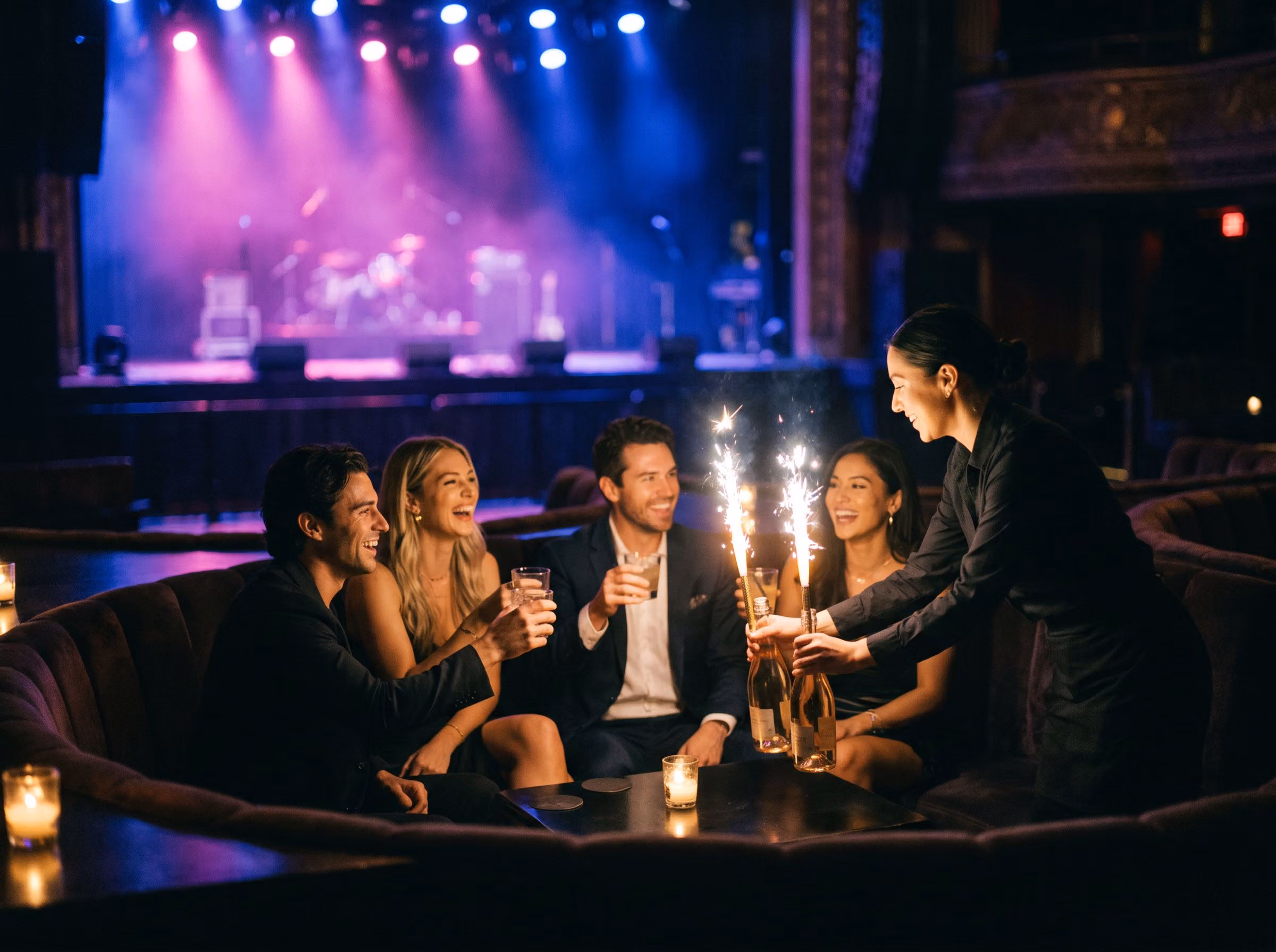 Friends celebrating at a VIP booth in a venue lounge
