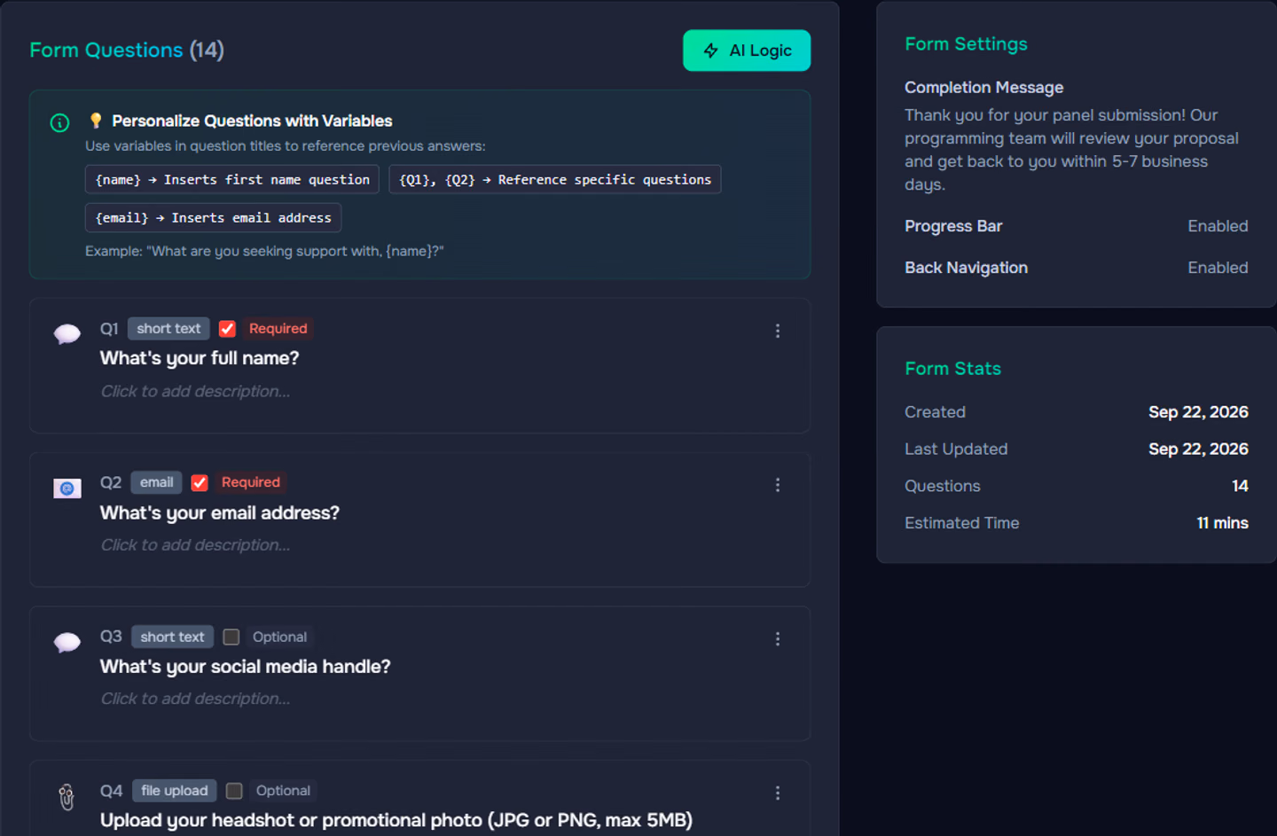 The Pixl Forms editor with the 14 generated questions for a convention panel form