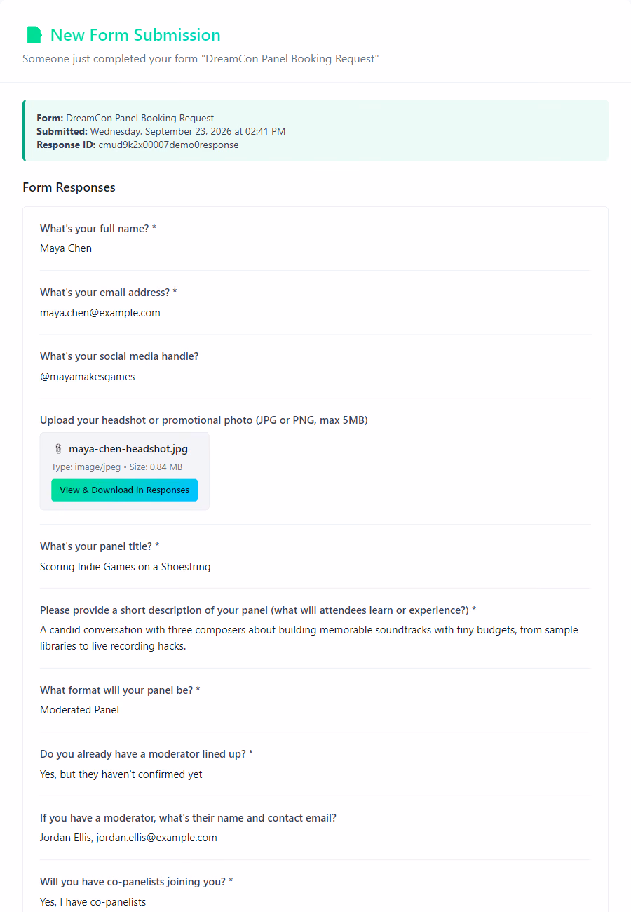 The notification email Pixl Forms sends on every submission, with every answer formatted and the attached file listed