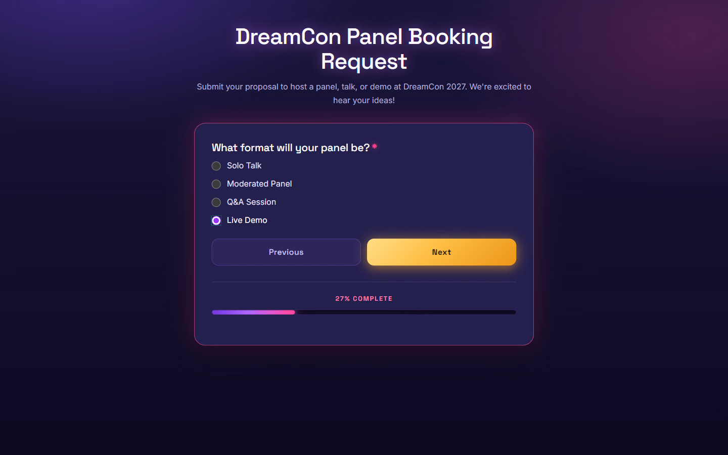 The same live question in an AI-generated convention design: violet card outline, gold Next button, neon progress bar
