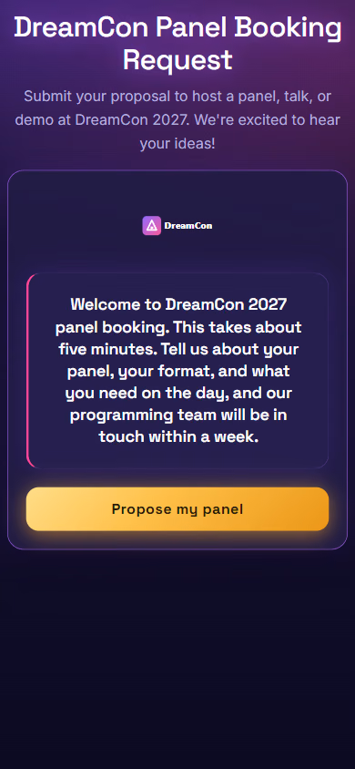 A Pixl Forms welcome screen on a phone with the event logo, message and start button