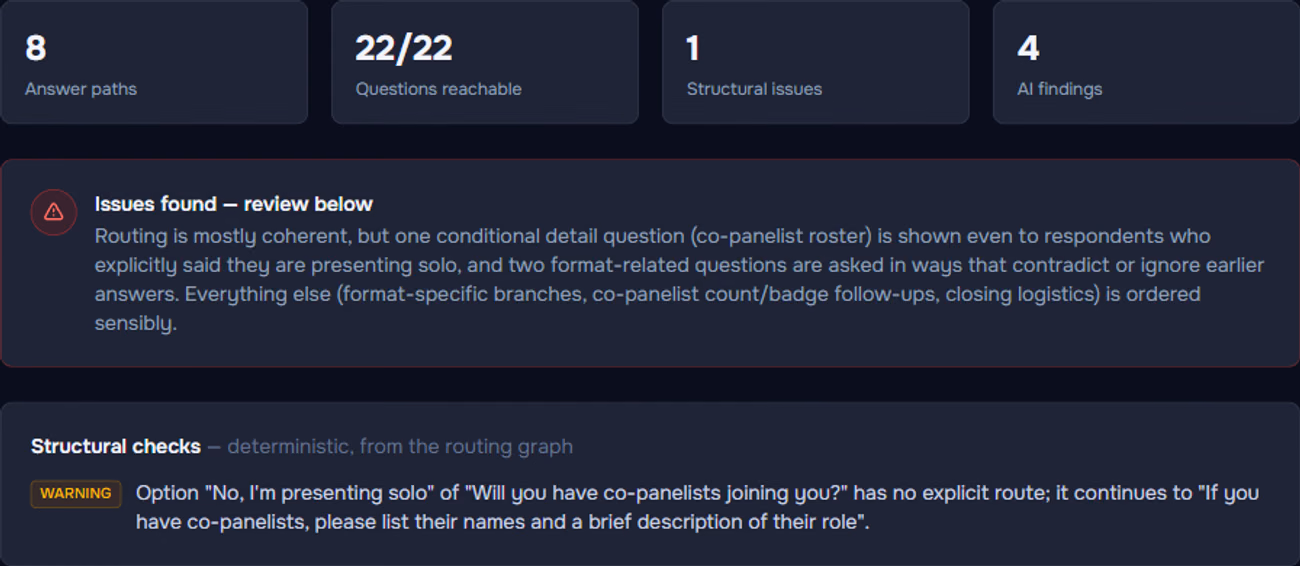 Logic QC results in Pixl Forms: 8 answer paths, 22 of 22 questions reachable, one structural issue and four findings