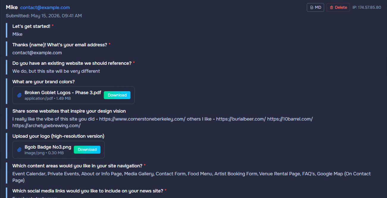 A response in the Pixl Forms dashboard with attached files ready to download