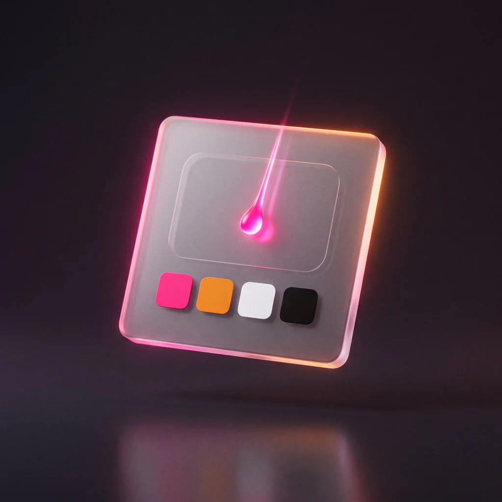 A glass panel with a row of brand color swatches under a dropper, lit in pink
