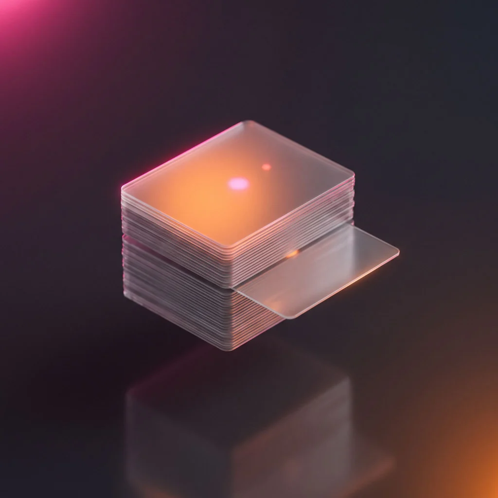 A stack of glass cards on a dark ground, lit in orange