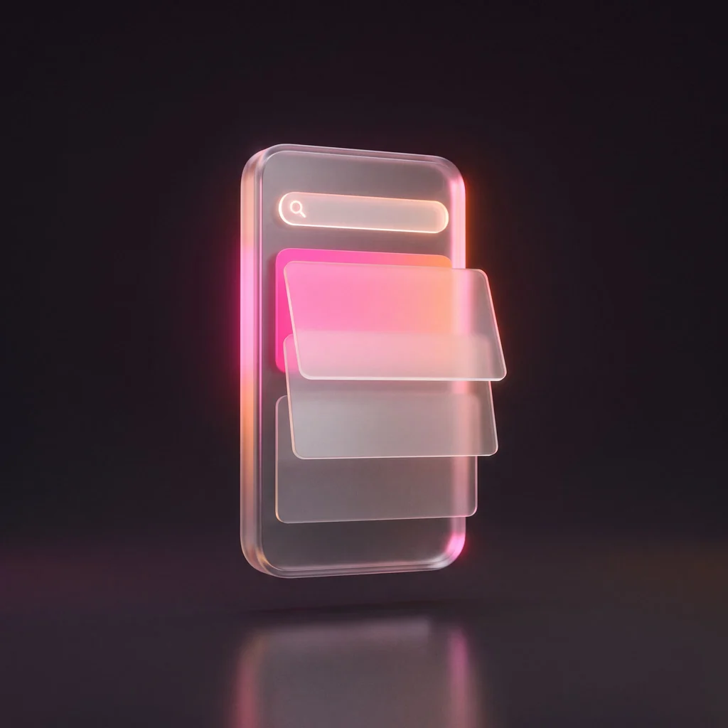A glass phone shape with answer cards lifting off it, lit in pink and orange
