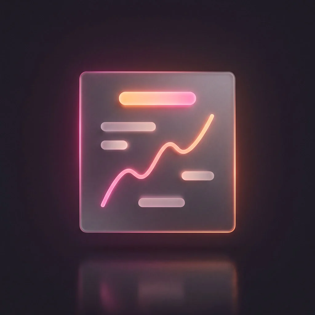 A glass panel with a rising line chart on it, lit in pink and orange