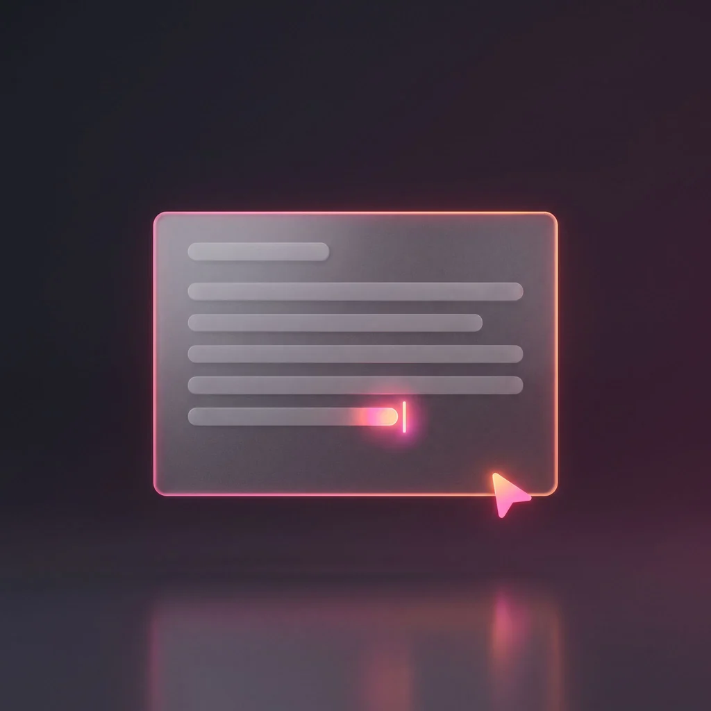 A glass reply card with lines of text writing themselves, lit in pink