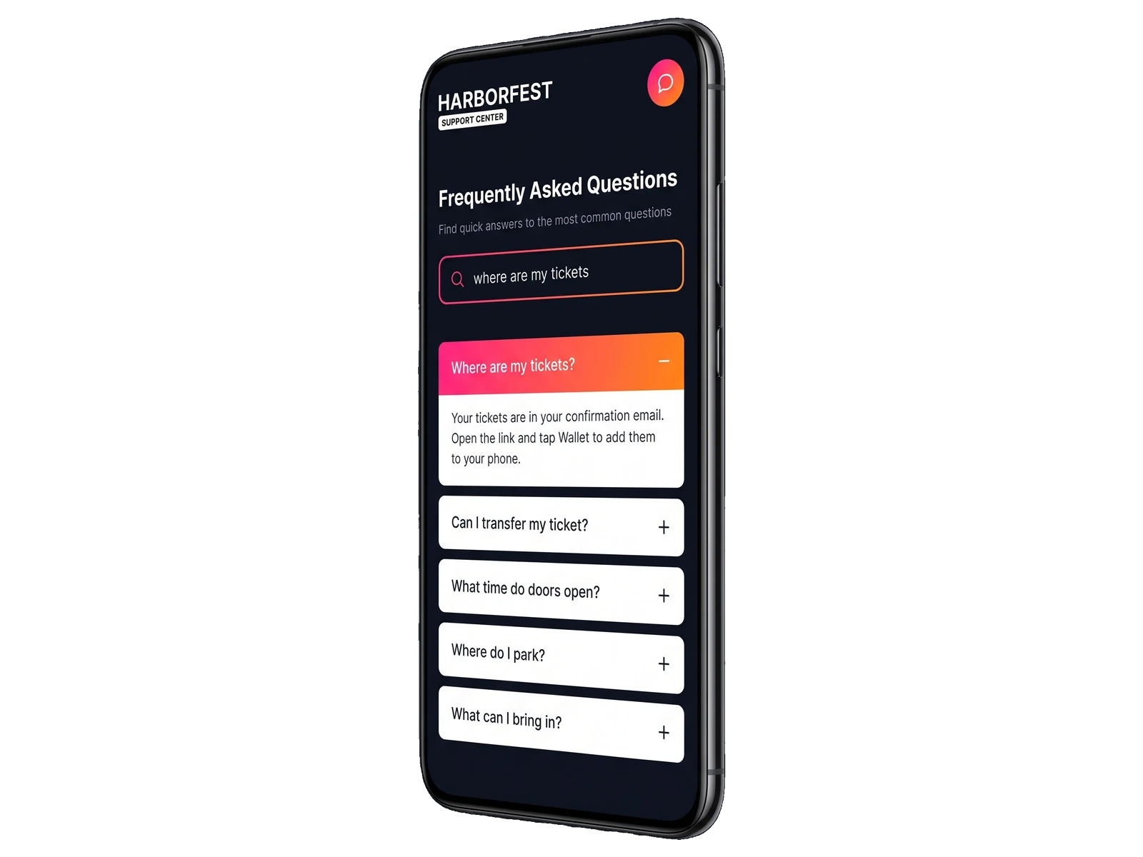 A phone showing a fictional festival help center with the answer about where the tickets are open in full