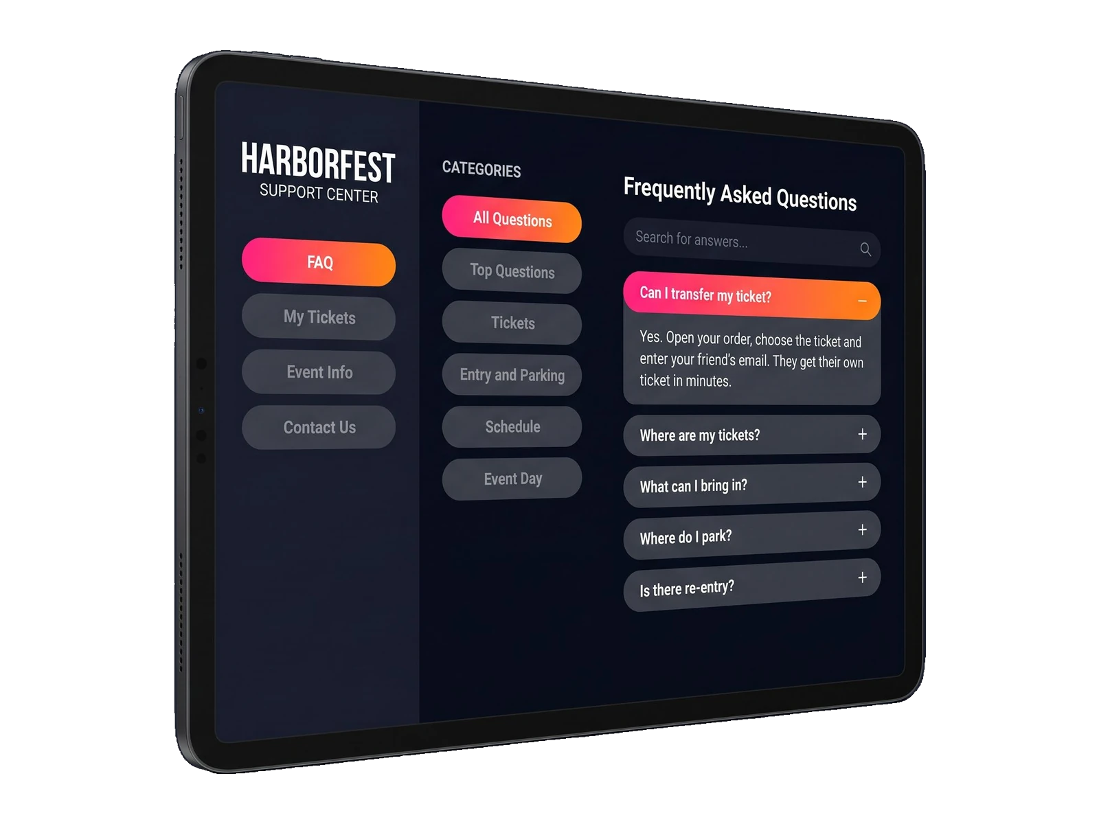 A tablet showing a fictional festival help center with the answer about transferring a ticket open in full