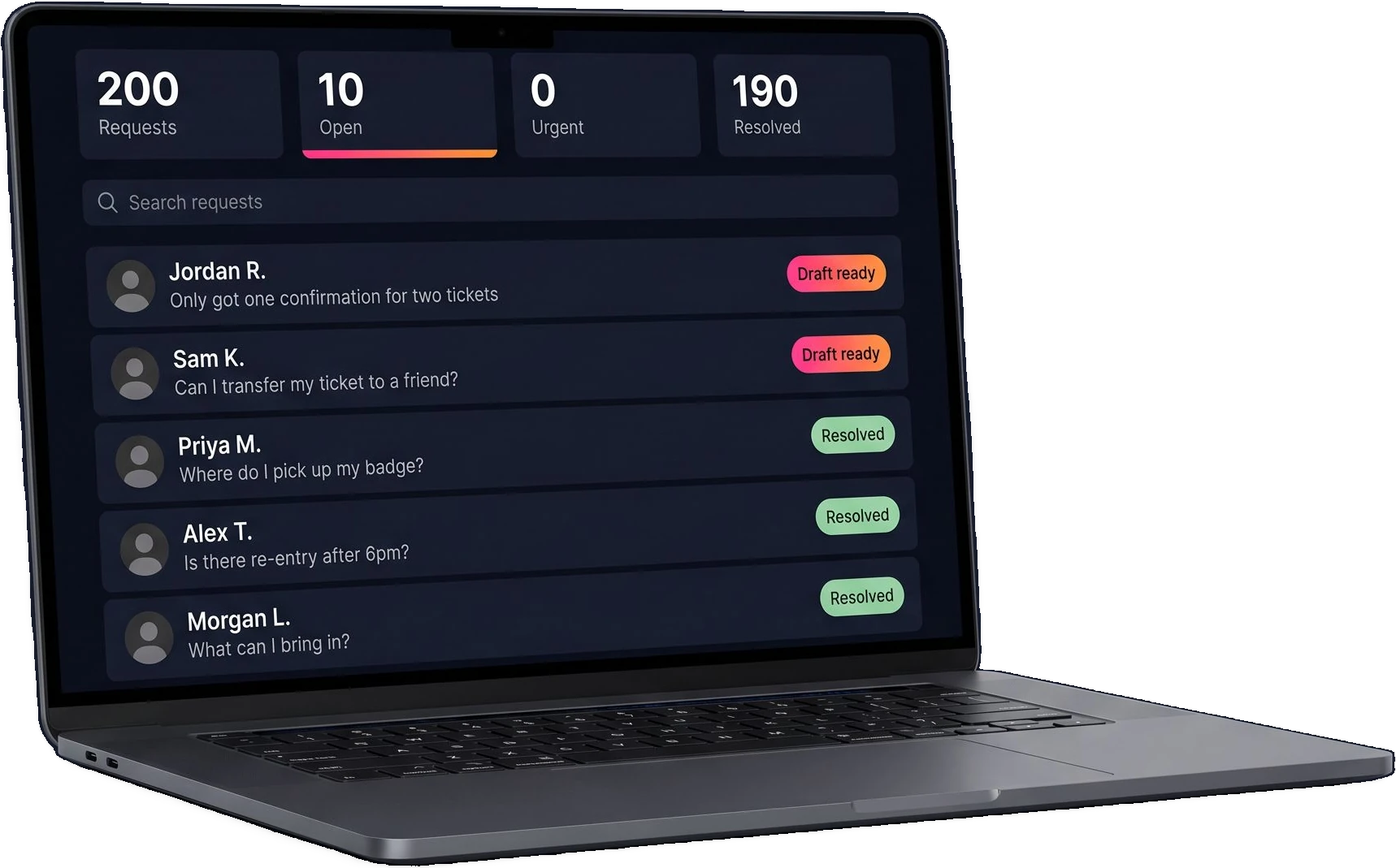 A laptop showing the support desk for a fictional festival: request counts along the top and a list of fan requests, some with a reply already drafted