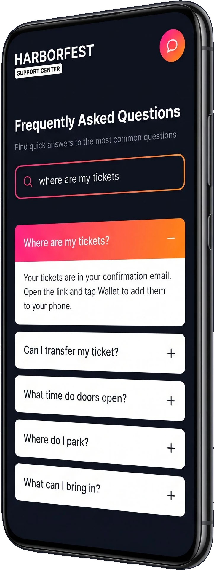 A phone showing a fictional festival help center, the question about tickets typed into the search box and its answer open in full above the other questions fans ask