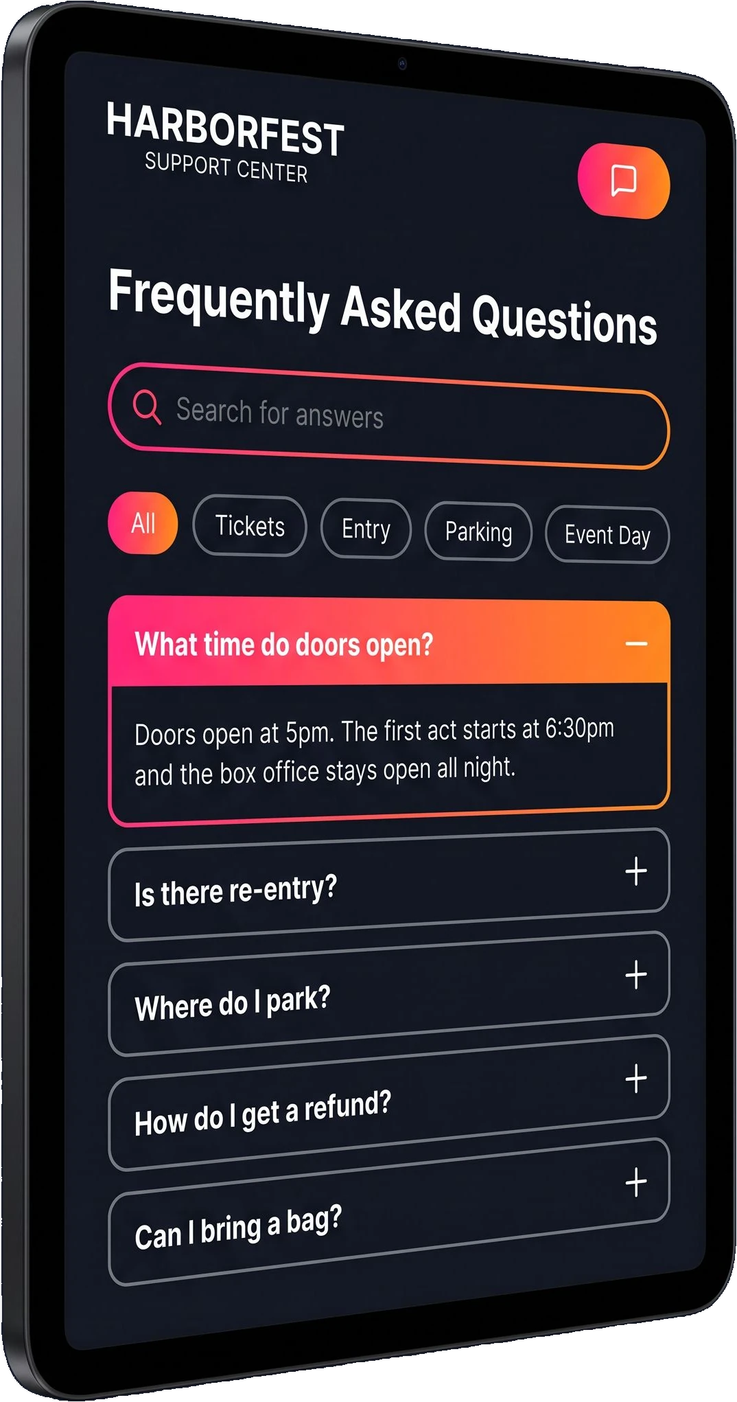 A tablet held upright showing a fictional festival help center: a search box, category chips and the answer about door times open above four more questions