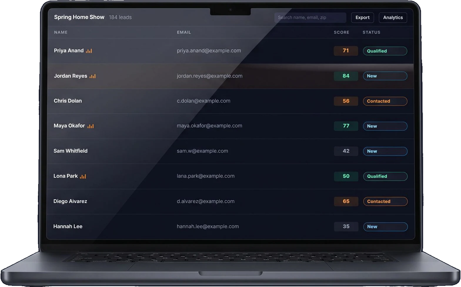 A laptop showing the Pixl Leads lead list