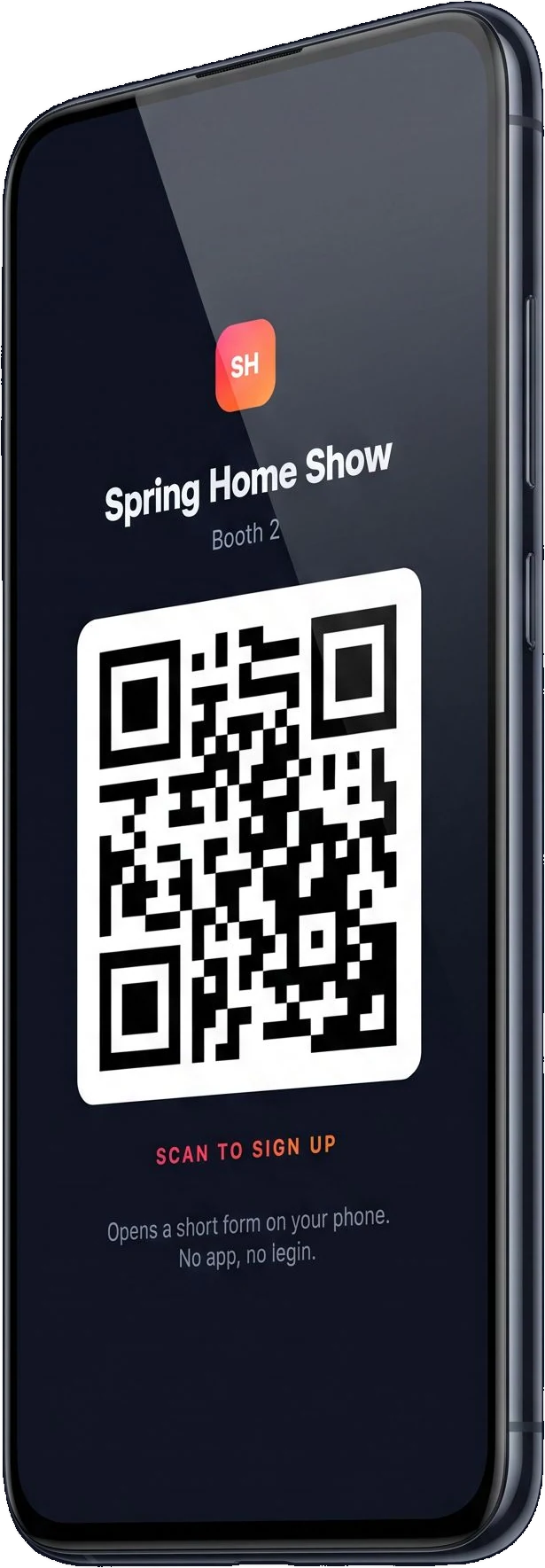 A phone showing a branded Pixl Leads QR sign-up screen