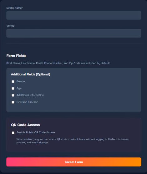 The Pixl Leads create form screen: event name, venue, optional fields and the QR code access switch
