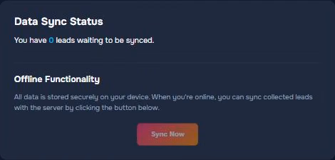 The Pixl Leads sync screen: leads waiting on the device and the Sync Now button