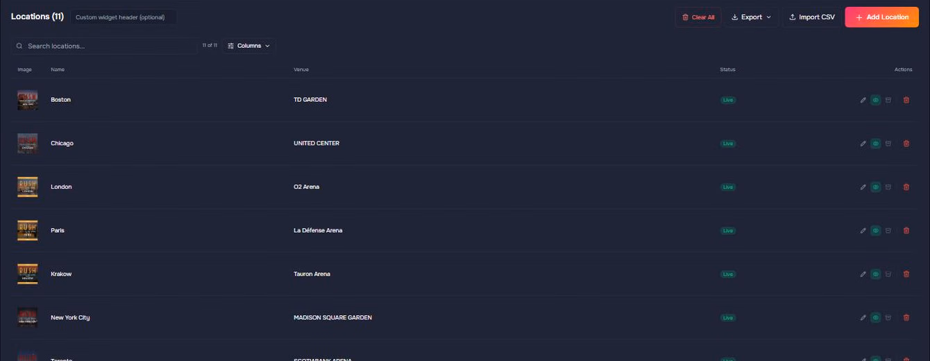 The Locations tab in Pixl Packages showing a tour's locations with venue, status, search, CSV import and export