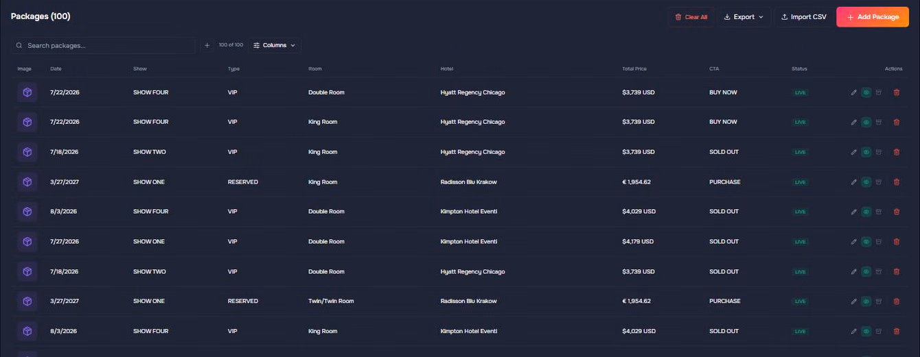 The Packages tab in Pixl Packages showing one hundred packages with date, show, tier, room, hotel, price and button label