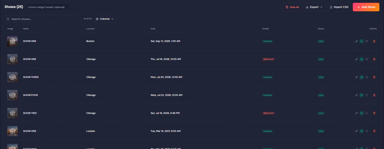 The Shows tab in Pixl Packages showing shows per location with dates and Available or Sold Out ticket status