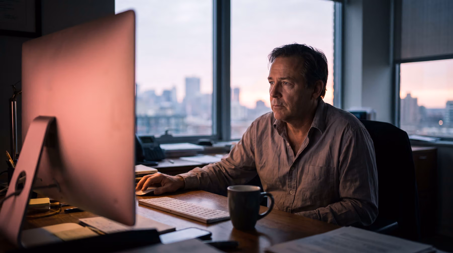 An agency owner alone at a desk in the early morning, one monitor glowing