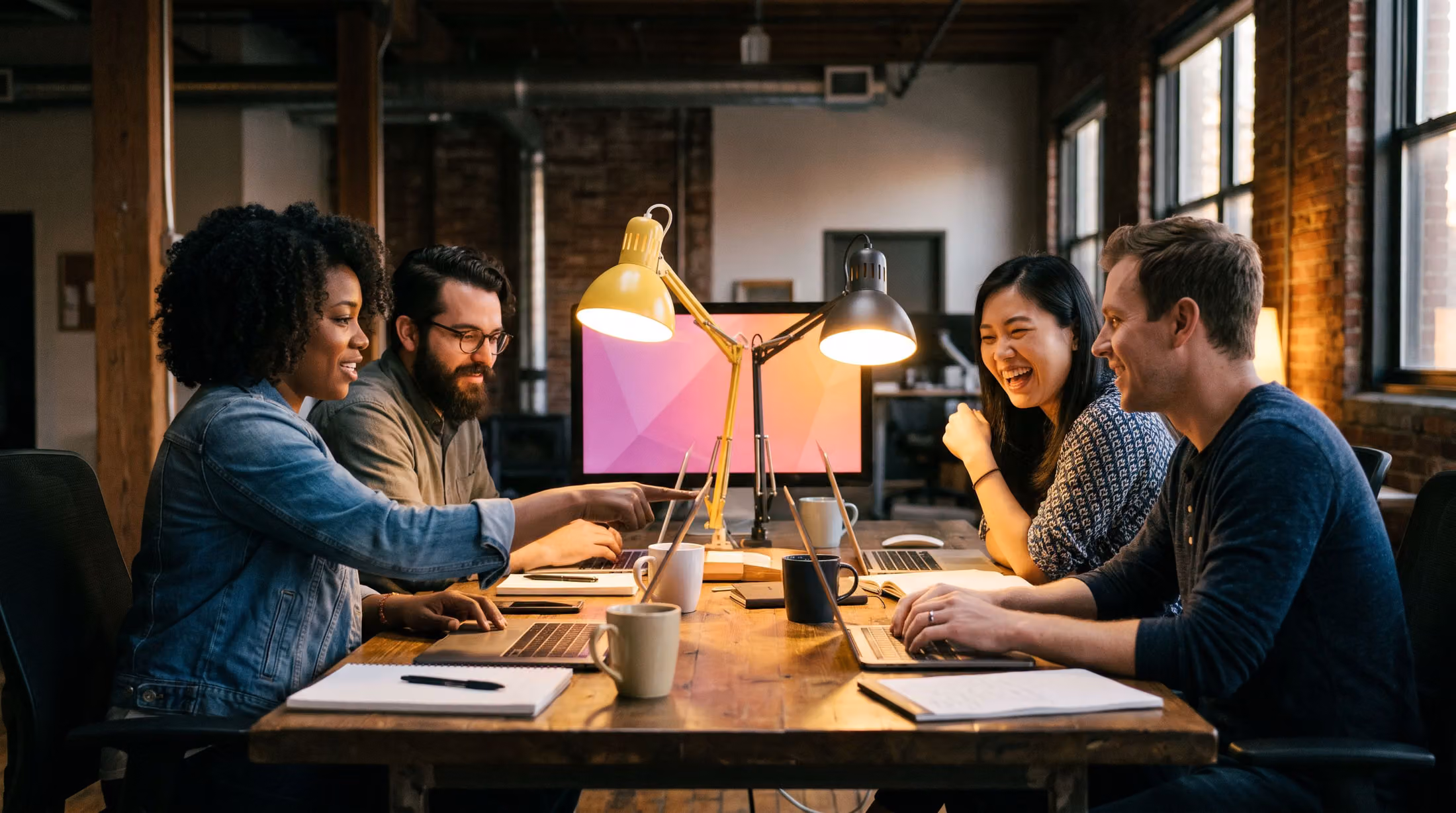 A small creative agency team working together at one table in a dark studio