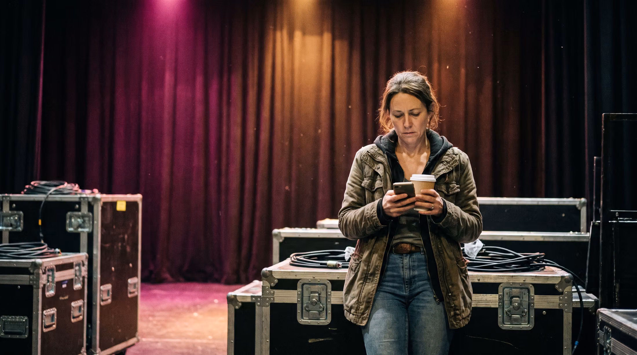 A venue marketing lead backstage in an empty theatre, checking her phone under stage light