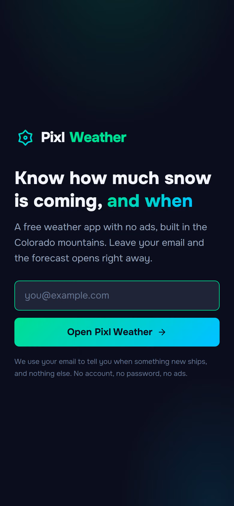 Pixl Weather's sign-in screen: enter your email to get started