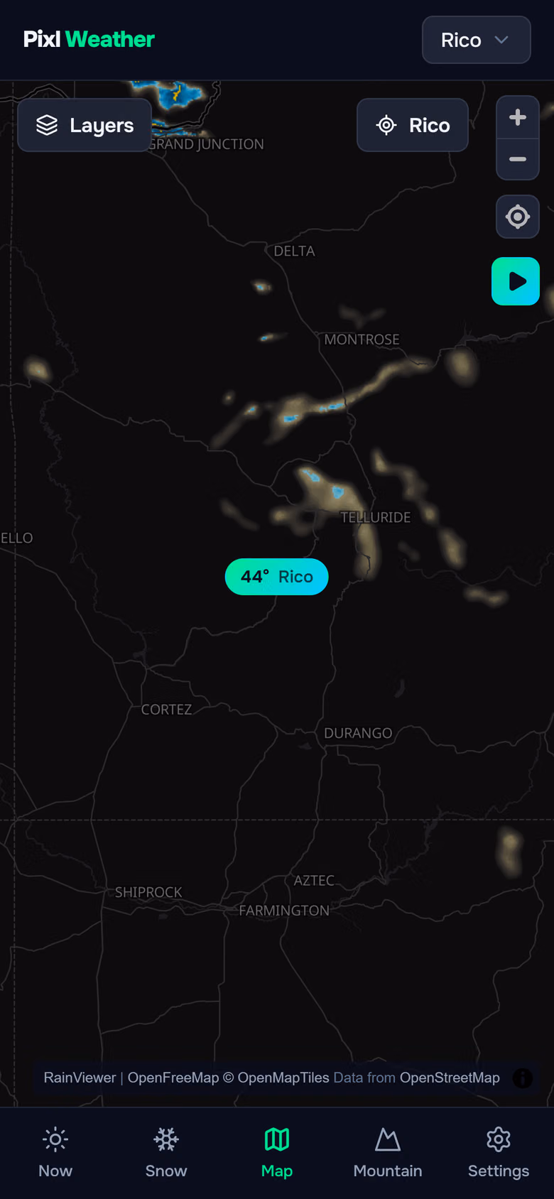 Pixl Weather's map with the radar layer over southwest Colorado