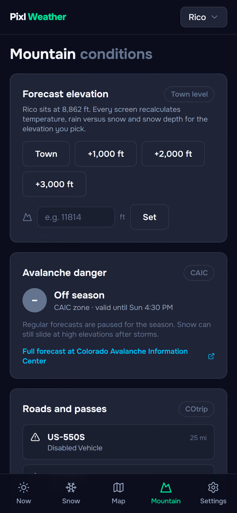 Pixl Weather's Mountain screen: forecast elevation, avalanche danger and roads and passes
