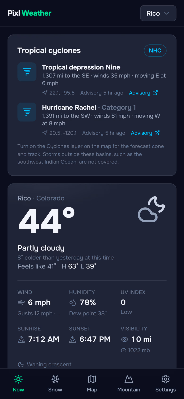Pixl Weather's Now screen: 44 degrees and partly cloudy in Rico, Colorado, with tropical cyclones above