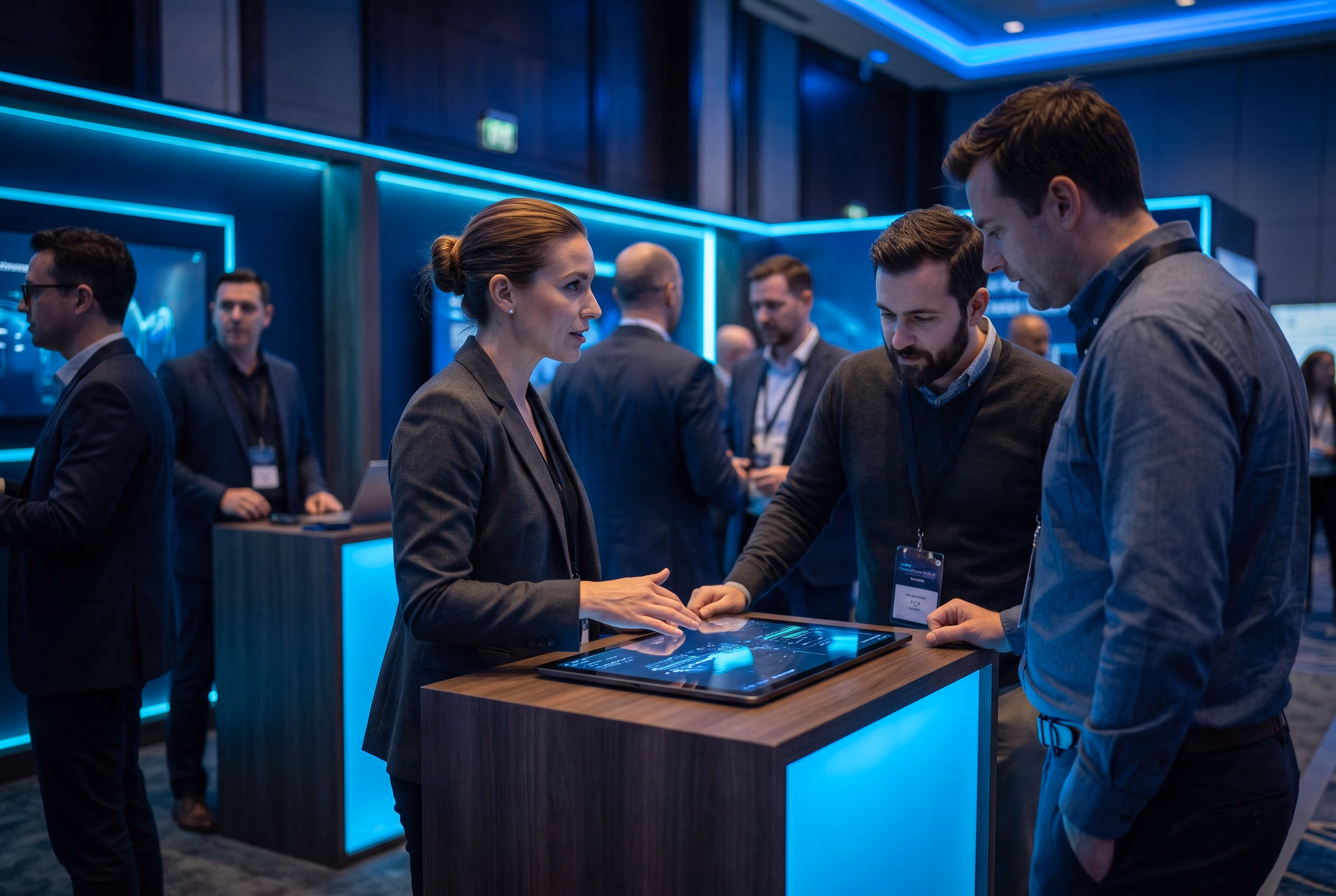 An exhibitor walking attendees through a demo table