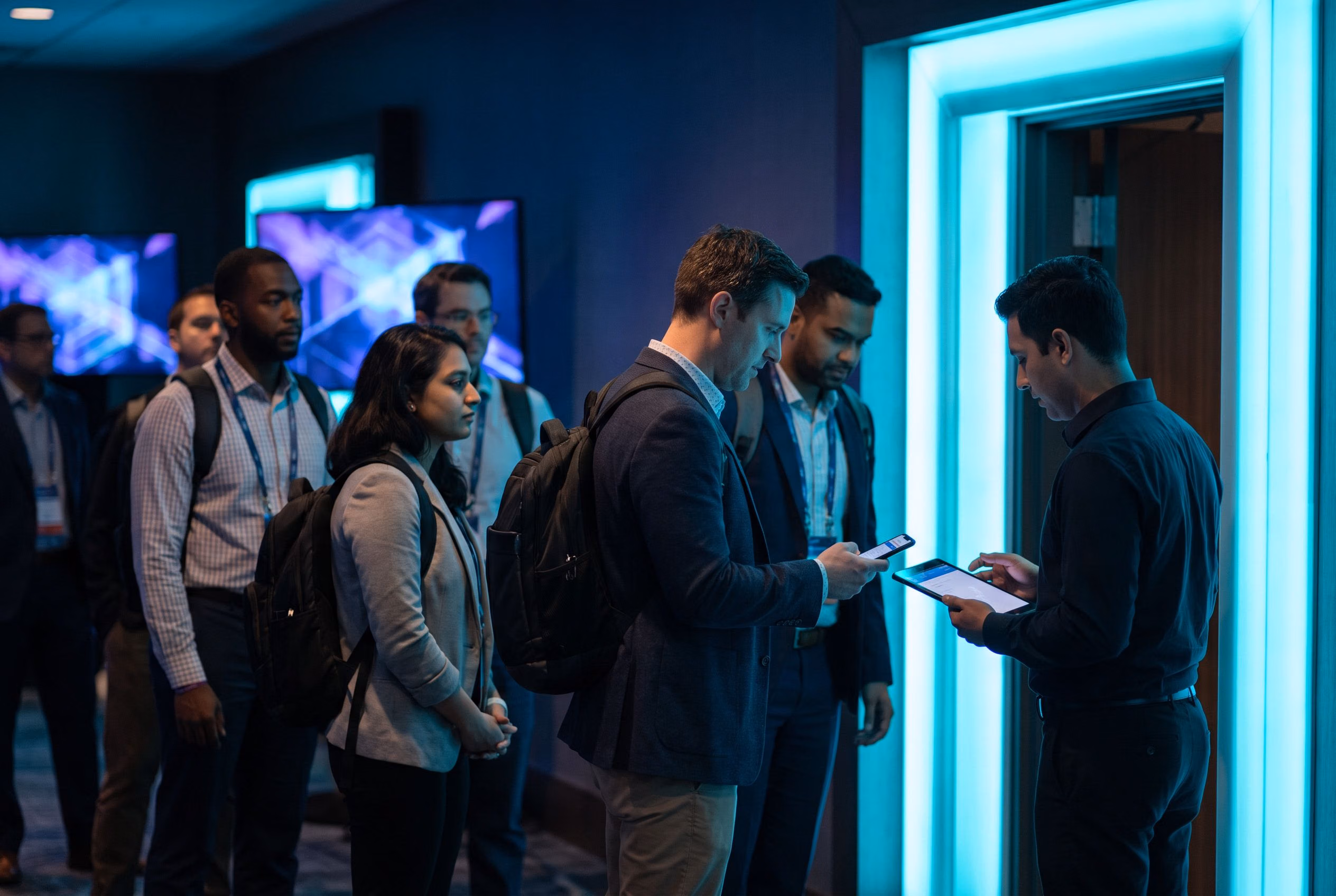 Attendees checking in to a panel with a phone scan