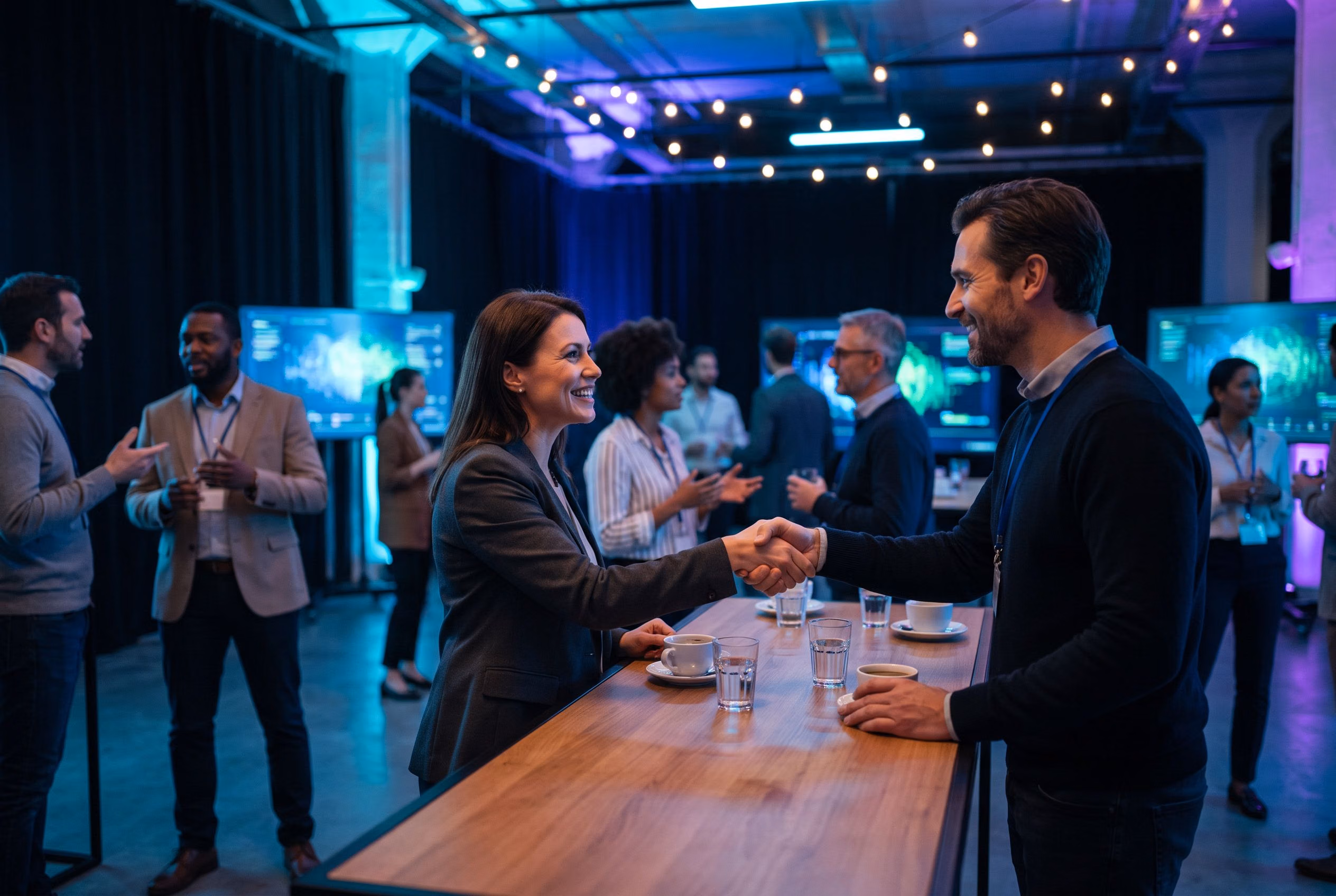 Two professionals shaking hands at a networking mixer