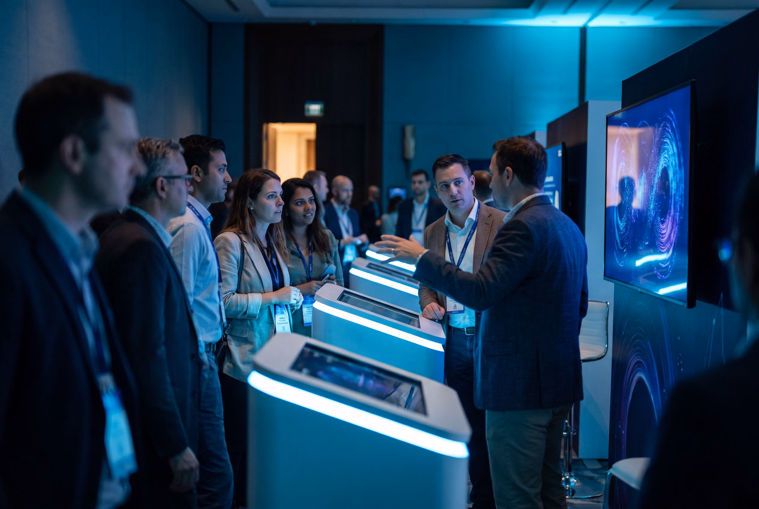 Attendees exploring interactive kiosks at an expo