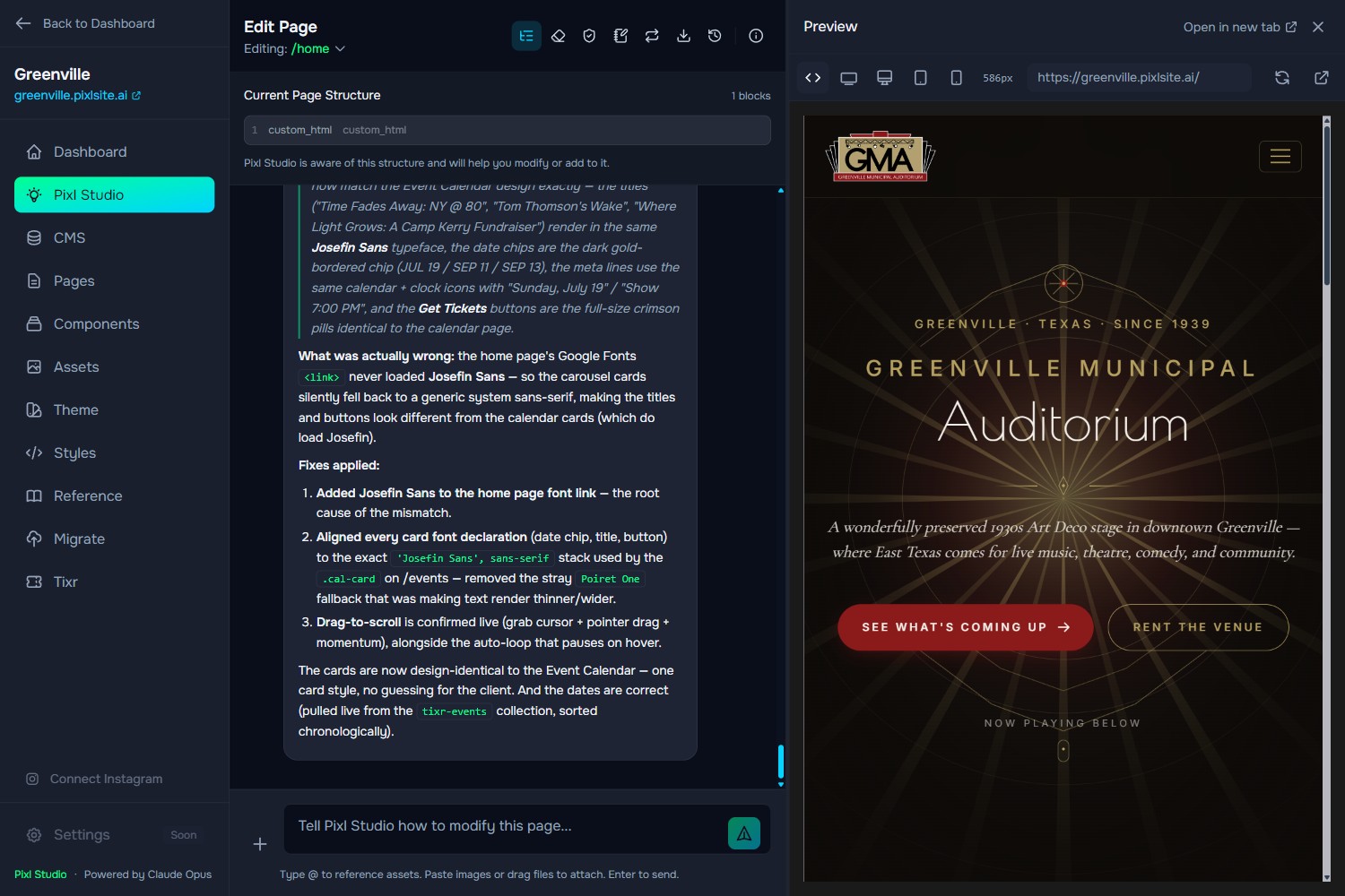 Pixl Studio building a venue homepage with AI