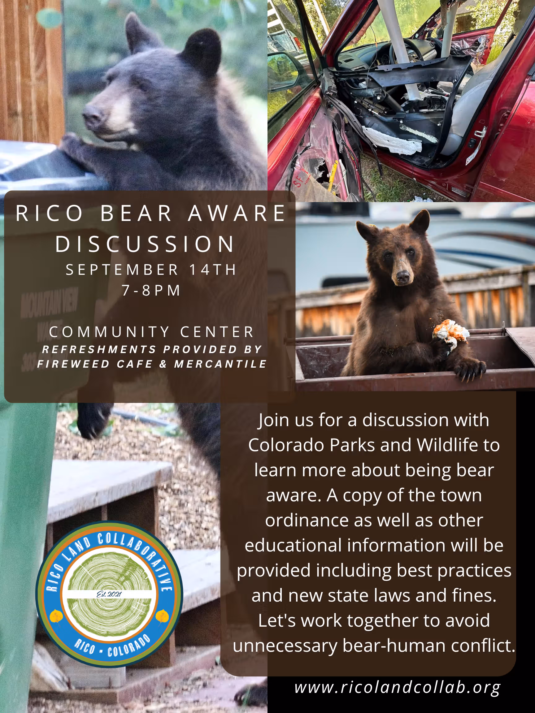 Bear Aware discussion poster, September 14, Rico, Colorado
