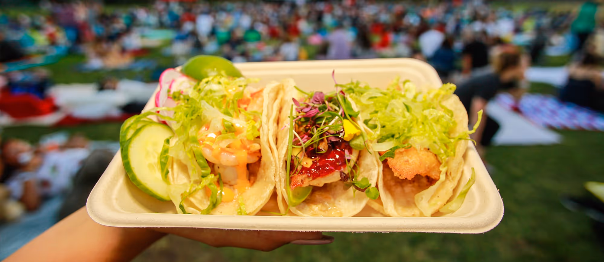 Street tacos from a food truck on the lawn