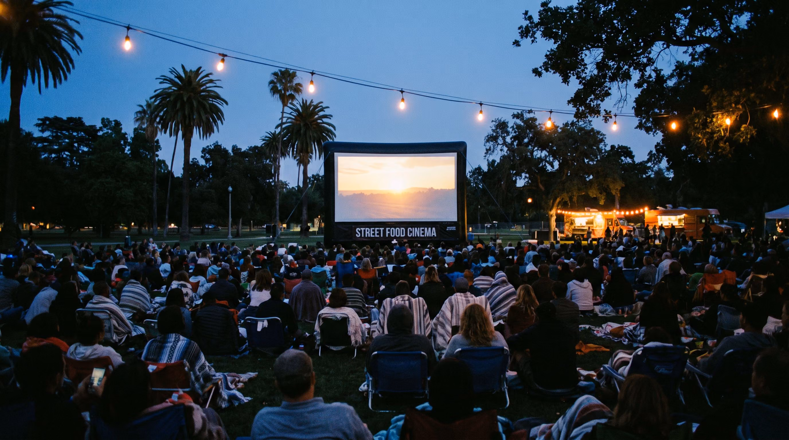The audience watching a movie under the stars