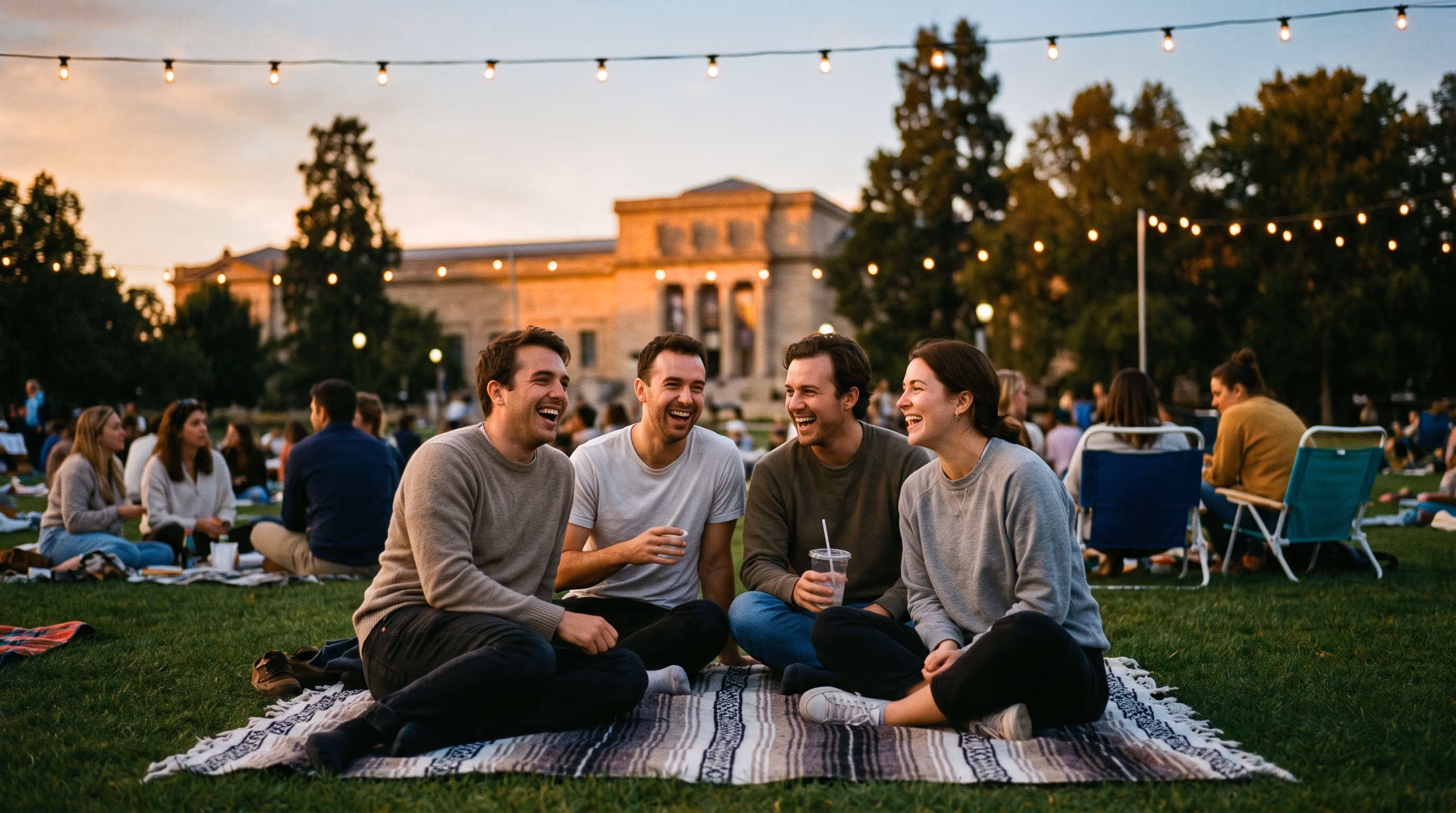 Crowd on the lawn under the screen at a Street Food Cinema night